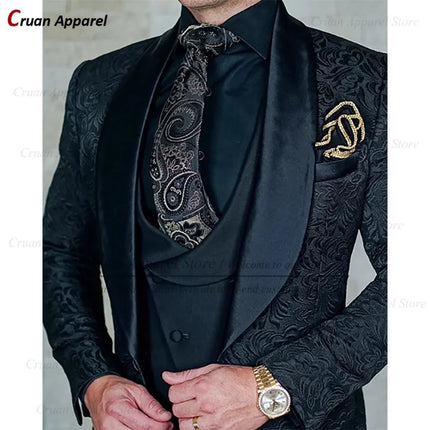 Luxury White Jacquard Suit Male Set Slim Fit Wedding Groom Dress Tuxedo Shawl Lapel Blazer Burgundy Velvet Vest Pants 3Pcs 2025
