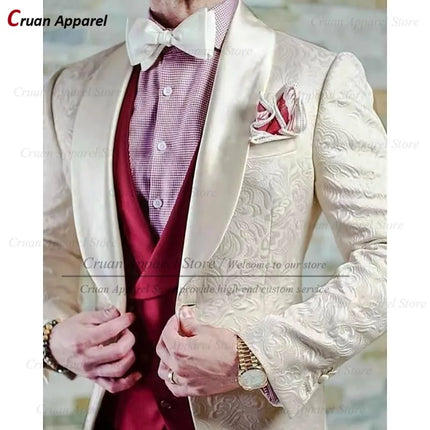 Luxury White Jacquard Suit Male Set Slim Fit Wedding Groom Dress Tuxedo Shawl Lapel Blazer Burgundy Velvet Vest Pants 3Pcs 2025