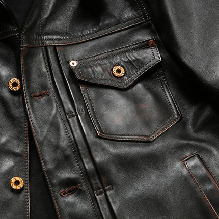 Customized Wholesale High Quality Genuine Leather Clothes Vintage Turn-down Collar Motorcycle Washed Cowskin Jacket Men