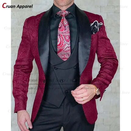 Luxury White Jacquard Suit Male Set Slim Fit Wedding Groom Dress Tuxedo Shawl Lapel Blazer Burgundy Velvet Vest Pants 3Pcs 2025
