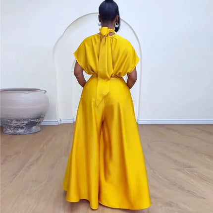 Yellow Satin Elegant Temperament Women's Loose High Neck Strap Flying Sleeve Top Leisurely Wide Leg Pants Vacation Two-piece Set