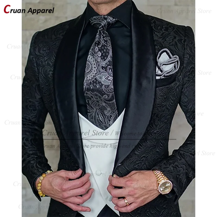 Luxury White Jacquard Suit Male Set Slim Fit Wedding Groom Dress Tuxedo Shawl Lapel Blazer Burgundy Velvet Vest Pants 3Pcs 2025