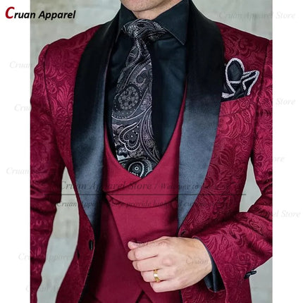 Luxury White Jacquard Suit Male Set Slim Fit Wedding Groom Dress Tuxedo Shawl Lapel Blazer Burgundy Velvet Vest Pants 3Pcs 2025