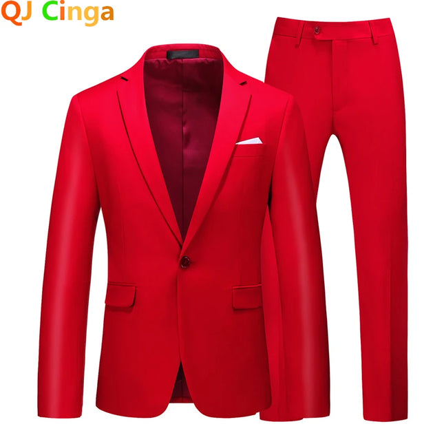 2026 Men's Red Suit 2-Piece Sets, Wedding Party Dress Coat and Pants Asian Size Terno Masculino Black White Blue Costume Homme