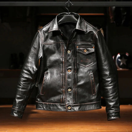 Customized Wholesale High Quality Genuine Leather Clothes Vintage Turn-down Collar Motorcycle Washed Cowskin Jacket Men