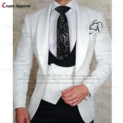 Luxury White Jacquard Suit Male Set Slim Fit Wedding Groom Dress Tuxedo Shawl Lapel Blazer Burgundy Velvet Vest Pants 3Pcs 2025