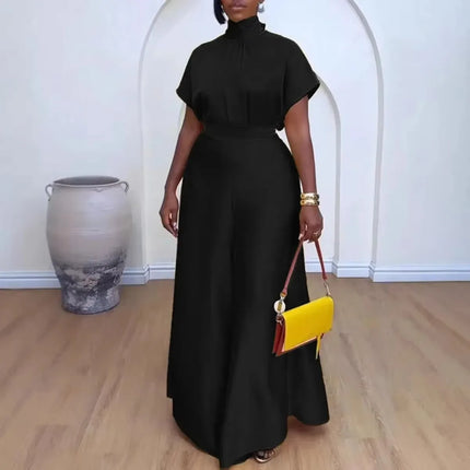 Yellow Satin Elegant Temperament Women's Loose High Neck Strap Flying Sleeve Top Leisurely Wide Leg Pants Vacation Two-piece Set