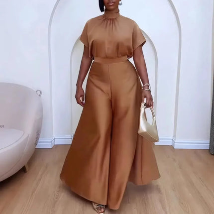 Yellow Satin Elegant Temperament Women's Loose High Neck Strap Flying Sleeve Top Leisurely Wide Leg Pants Vacation Two-piece Set