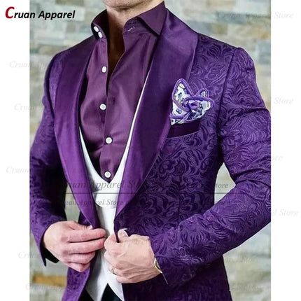Luxury White Jacquard Suit Male Set Slim Fit Wedding Groom Dress Tuxedo Shawl Lapel Blazer Burgundy Velvet Vest Pants 3Pcs 2025