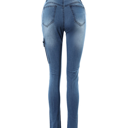 Women's Denim Pants 2024 Summer New Fashion Solid Color Buttoned Pocket Zipper Design High Waist Casual Daily Skinny Jeans