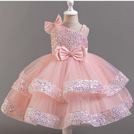 Girl's New Sequined Bow Irregular Collar Mesh Princess Dress Christmas Birthday Party Sweet and Cute Evening Dress