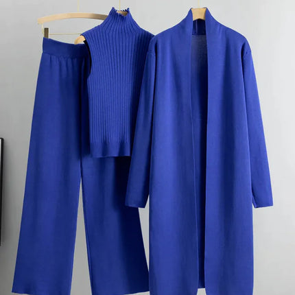 3pcs Suits Women Fashion Knitting Sleeveless Vest Sweater Long Cardigan And Wide-leg Pants Three-piece Set