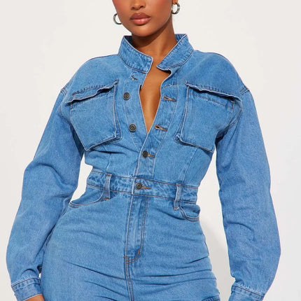Women's New Autumn and Winter Fashion Elastic Organ Bag Wash Denim Jumpsuit Stand Collar Long Sleeve Denim Bell Bottoms Overalls