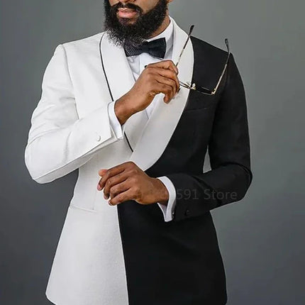 2 Pieces Newest Splicing Colors Men Suits Set  Wedding Groom Tuxedo White Black Blazer+Pants Custom Made Prom Dress Coat