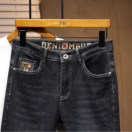 New Embroidery Fashion Straight Jeans Men Stretch Black Blue Slim Fit Pants Comfortable Business Denim Trousers