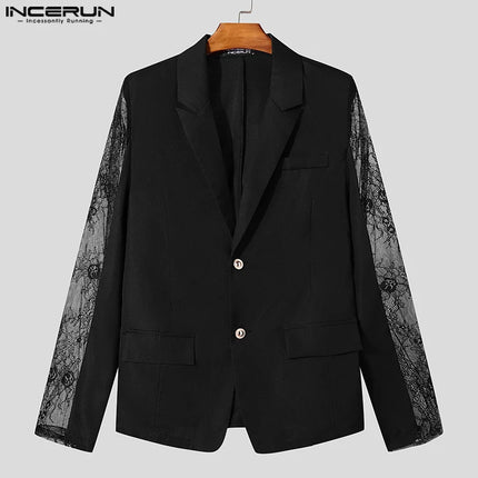Fashion Casual Style Tops INCERUN New Mens Perspective Lace Splicing Design Suit Coats Male Solid Long Sleeved Blazer S-5XL 2025