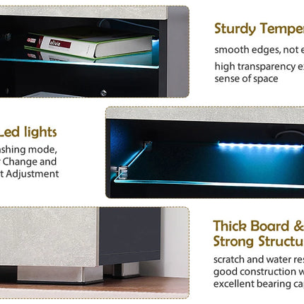 LED TV stand, gray black TV stand with LED lights, TV media console with glass frame