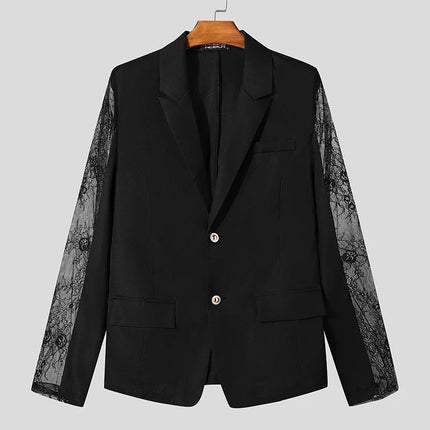 Fashion Casual Style Tops INCERUN New Mens Perspective Lace Splicing Design Suit Coats Male Solid Long Sleeved Blazer S-5XL 2025
