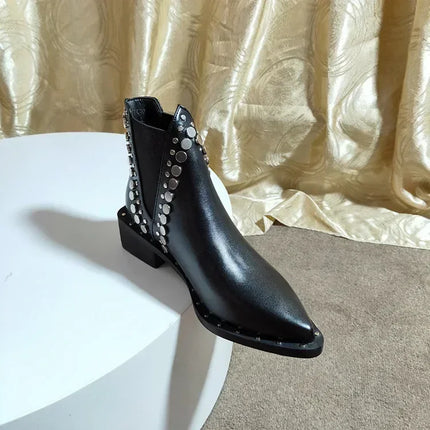 High Quality Women Shoes Leather Short Boots Women Pointed Chunky Heel Boots Fashion Rivet Ankle Boots Female Platform Heel 2024