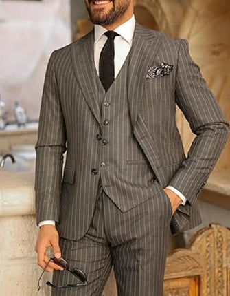 Elegant Pinstripe Suit for Men 3 Piece Blazer Vest and Pant Set Peak Lapel High Quality Customized Men Suit for Wedding Business
