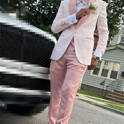 Pale Pink Jaquard Suits for Men 3 Pieces One Button Blazer Tuxedos Suit Set Prom Party Homecoming Student Clothes Coat+Vest+Pant