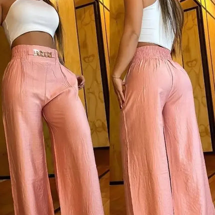 Women's High Waist Wide Leg Pants, Elegant Chain Decor, Black Trousers, Casual Clothes, White, Summer
