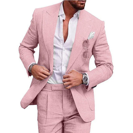 Mens Linen Suit for Beach Wedding Slim Fit 2 Piece Wedding Tuxedo for Men Casual Linen Suit Prom Party Suit