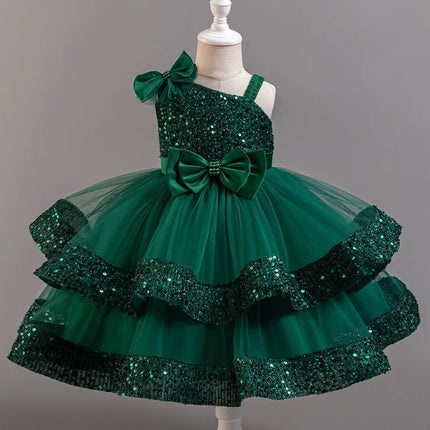 Girl's New Sequined Bow Irregular Collar Mesh Princess Dress Christmas Birthday Party Sweet and Cute Evening Dress