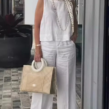 Simple Cotton Linen Women's Suits Summer Fashion Sleeveless Loose Blouse Wide Leg Pants Two Piece Set For Women Casual Outfits