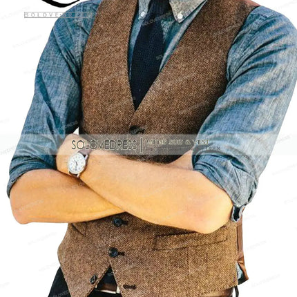 Mens Vests Tweed Herringbone Slim Fit Fashion Men's Suits Vests For Jacket Groomsmen  Waistcoat For Wedding