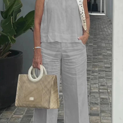 Simple Cotton Linen Women's Suits Summer Fashion Sleeveless Loose Blouse Wide Leg Pants Two Piece Set For Women Casual Outfits