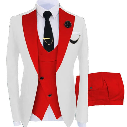 Men Three Piece Suit Sets Turn Down Collar Full Sleeve Blazers Vest Long Pants Slim Fit Ensemble Banquet Evening Splice Spring