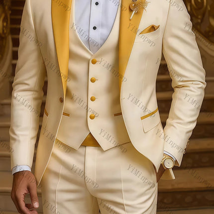 Men's Suits 3 PCS Peaked Lapel One Single Button Italian Champagne Wedding Suit Man Suit Tuxedo Prom Slim Fit Blazer Customized