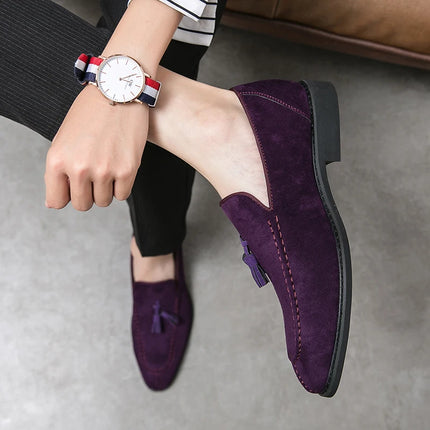 New British Designer Suede LeatherTassel Casual Shoes for Men Purple Blue Brown Moccasins Wedding Prom Homecoming Party Footwear