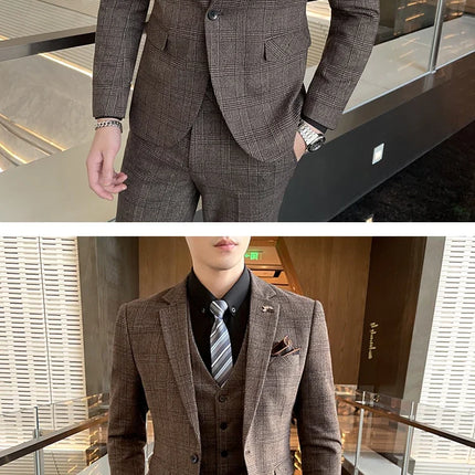 Checkered Suit (Blazer+Vest+Pants) Men's Fashion Hosting Work Business Wedding Casual Linen Art Style Elegant Gentleman's Suit