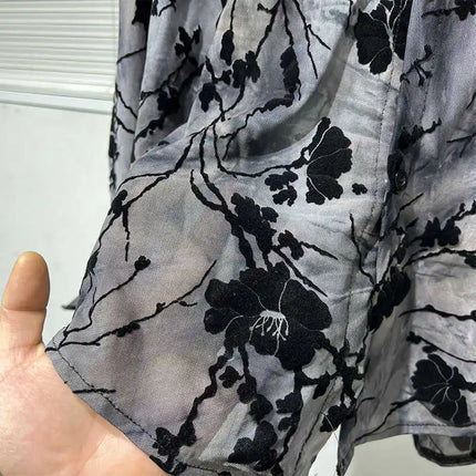Spring Thin Original Design Trendy Men's Hollow out Iron Free Loose Handsome Shirt Vintage Printed Casual Shirt
