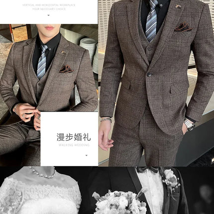 Checkered Suit (Blazer+Vest+Pants) Men's Fashion Hosting Work Business Wedding Casual Linen Art Style Elegant Gentleman's Suit