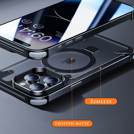 Aluminum Alloy Magnetic Stand Rimless Phone Case For iPhone 13 14 15 16 Pro Max Plus Metal Lens Shell  Frosted Matte Back Cover