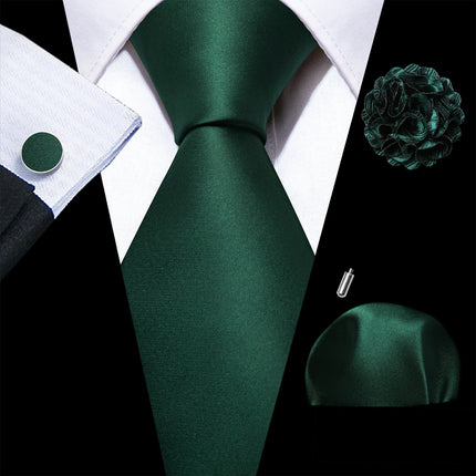 Barry.Wang Solid Silk Mens Tie Hankerchief Cufflinks Brooch Set Jacquard Plain Necktie Corsage For Male Wedding Party Events