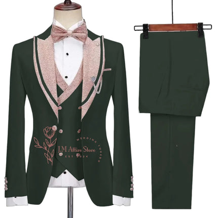 Stylish Men's Suit 3-piece Set Jacket Vest Pants White Slim Fit Pink Shinny Peak Lapel Blazer Wedding Prom Party Custom Tuxedo