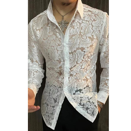 Men's Slim Fit Shirt Spring Semi Transparent Long Sleeved Shirt Men Nightclub Sexy Casual Social Party Tuxedo Stage Singer Shirt