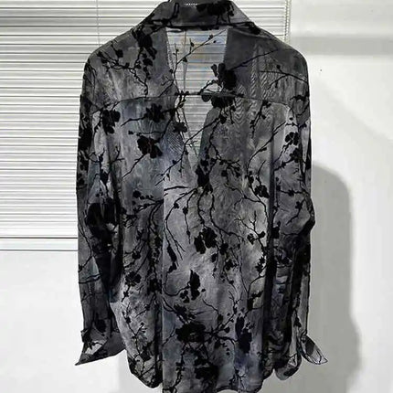Spring Thin Original Design Trendy Men's Hollow out Iron Free Loose Handsome Shirt Vintage Printed Casual Shirt