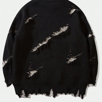 2025 New Men Distressed Sweater Hip Hop Pullover Vintage Casual Knitwear Top Streetwear Fashion Autumn Winter