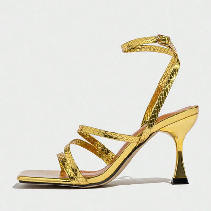 Liyke Sexy Snake Print Leather Ankle Strap Gold Sandals Women Narrow Band Square Open Toe Gladiator High Heels For Ladies Shoes