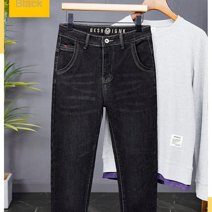 Male Denim Straight High Street Trousers Casual Men Fashion Elastic Waist Vintage Pant Spring Ripped Soft Stretch Slim Fit Jeans