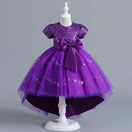 New Purple Girls' 3-12 Year Old Round Neck Trail Party Dress   Sequin Bubble Sleeves Princess Dress Suitable for Kid