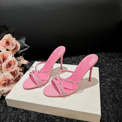 New white high-heeled cool mop with red sole, rivet cross strap, women's pointed toe party essential fashion women's shoes