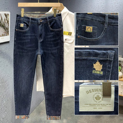 New Embroidery Fashion Straight Jeans Men Stretch Black Blue Slim Fit Pants Comfortable Business Denim Trousers