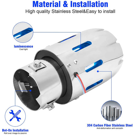 1Pcs 63mm Exhaust Tips Stainless Steel Muffler Car Exhaust Tail Pipe Modification Luminous Tube With Blue Flame LED light
