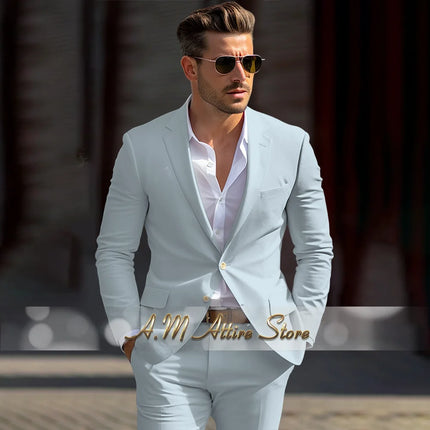 Men's linen suit 2-piece peak lapel jacket pants for summer beach wedding groom prom party tailor-made casual formal outfit